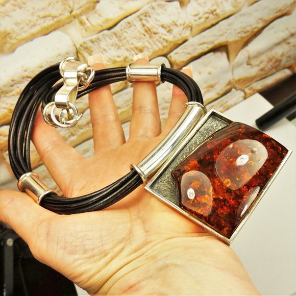 MASSIVE AMBER STERLING PENDANT MULTI LEATHER CORD NECKLACE, GIFT FOR WOMEN - Picture 7 of 11